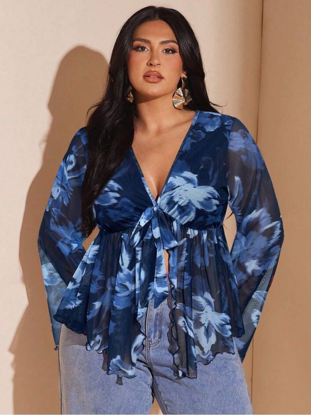 Plus Size Women's Spring/Summer Floral Print Mesh Flare Sleeve Blouse